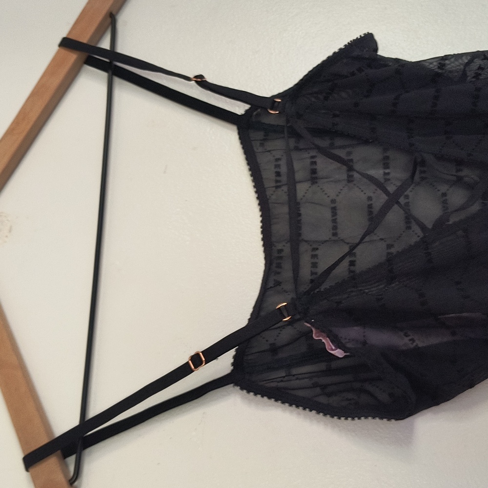 Savage X Fenty Flocked Logo Teddy Sheer Black Bodysuit Teddy Sz Med Women - Picture 7 of 12